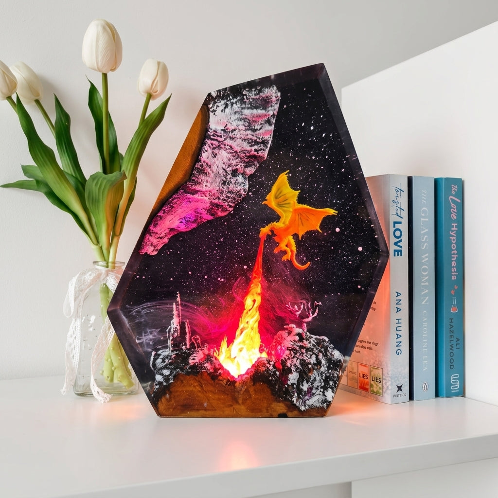 Fire Dragon Epoxy Resin Wood Night Light Galaxy Table Lamp