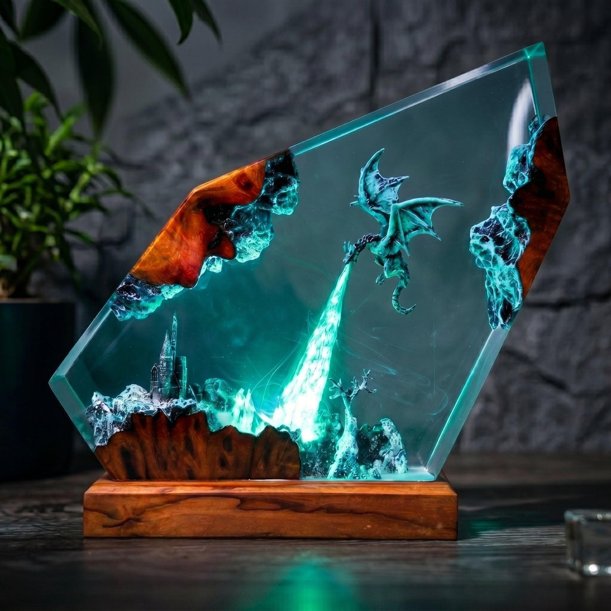 Handmade Ice Dragon Resin Night Light - Fantasy Castle Diorama