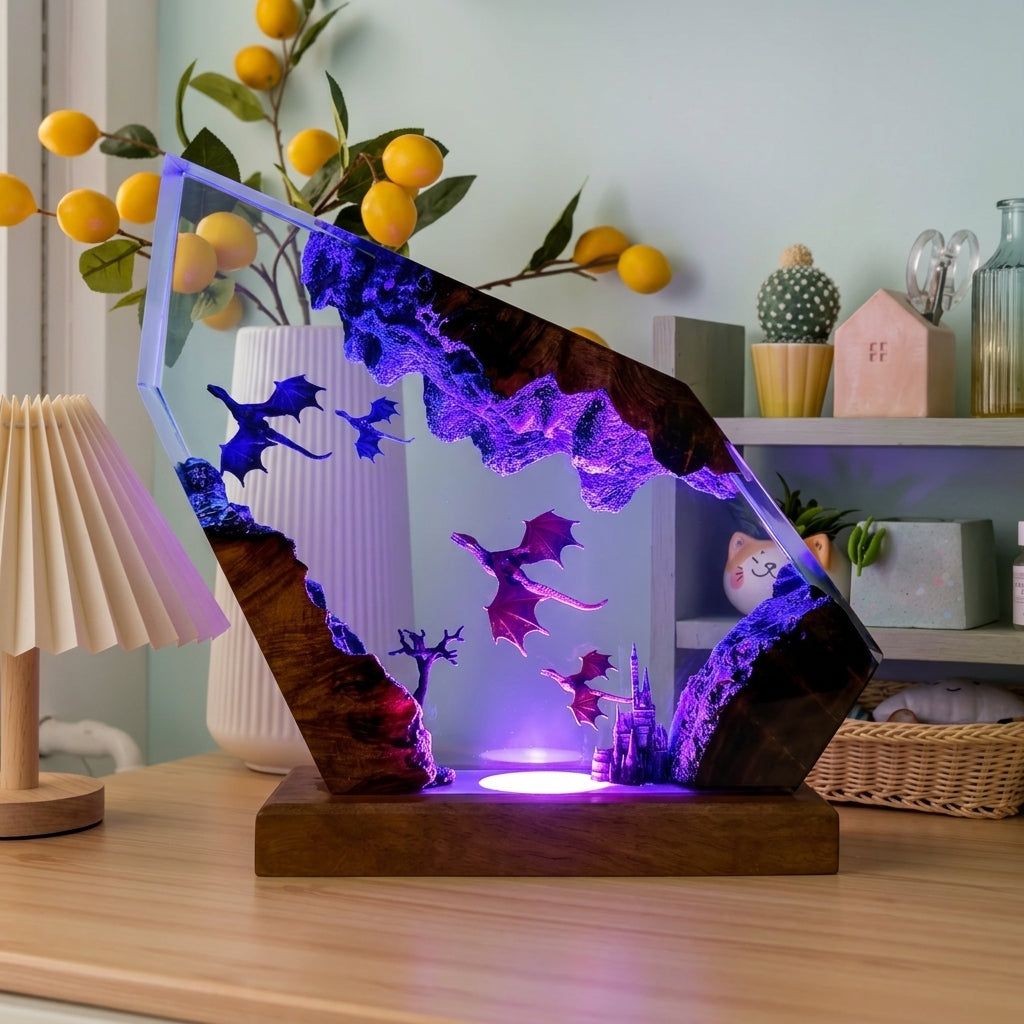 Flying Dragon Ice Cave Epoxy Resin Wood Night Light Crystal Castle Lamp