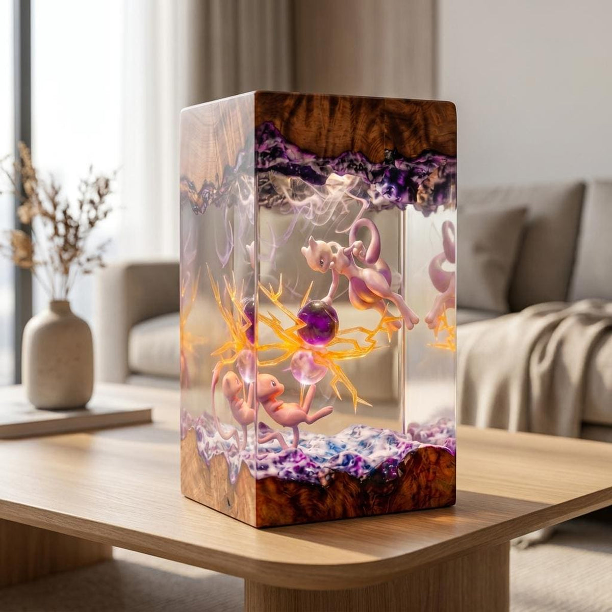 Handcrafted Mew vs Mewtwo Epoxy Resin Lamp