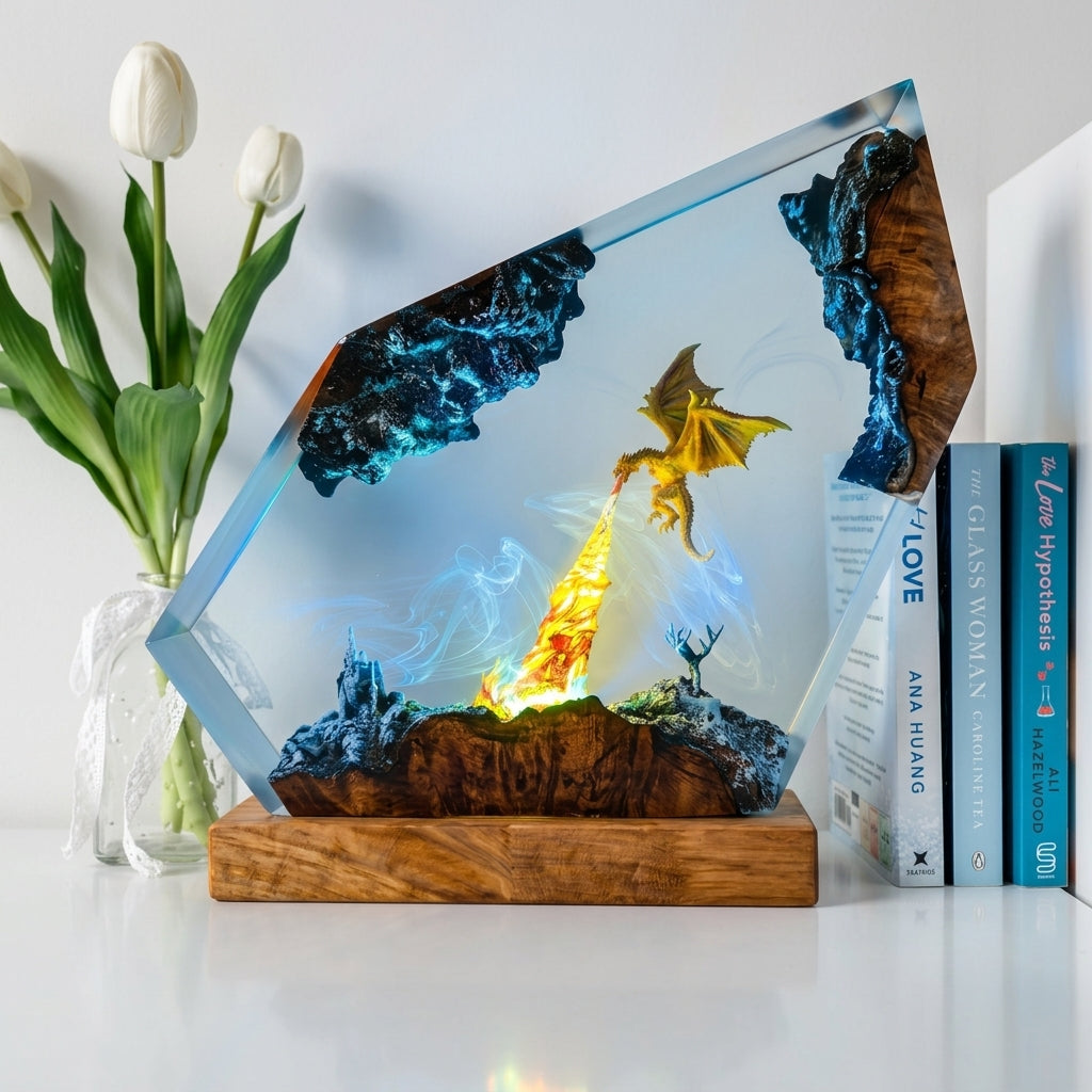 Fire Dragon Castle Epoxy Resin Wood Night Light Geometric Art Lamp