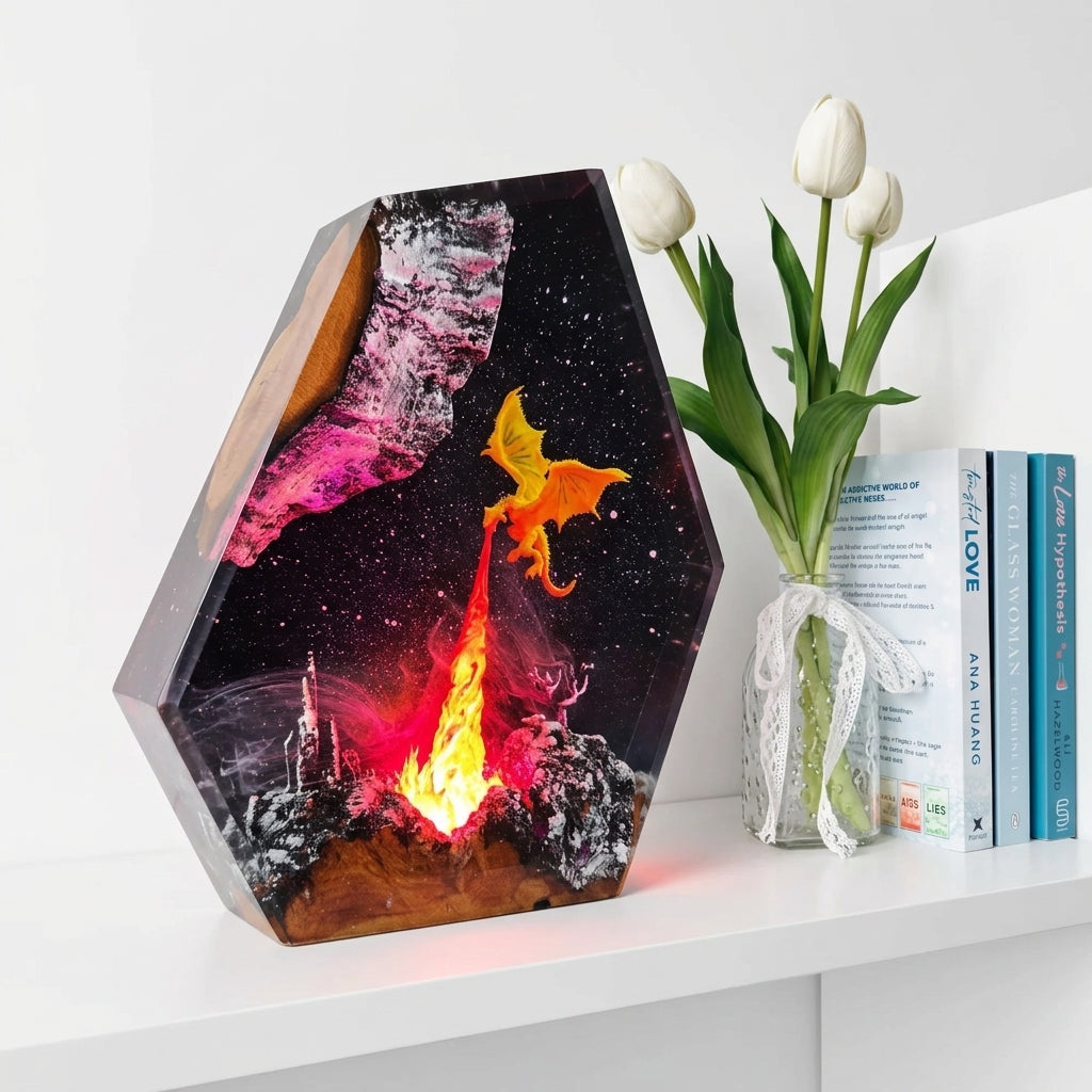 Fire Dragon Epoxy Resin Wood Night Light Galaxy Table Lamp