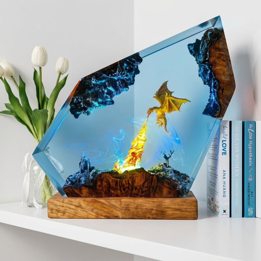 Fire Dragon Castle Epoxy Resin Wood Night Light Geometric Art Lamp