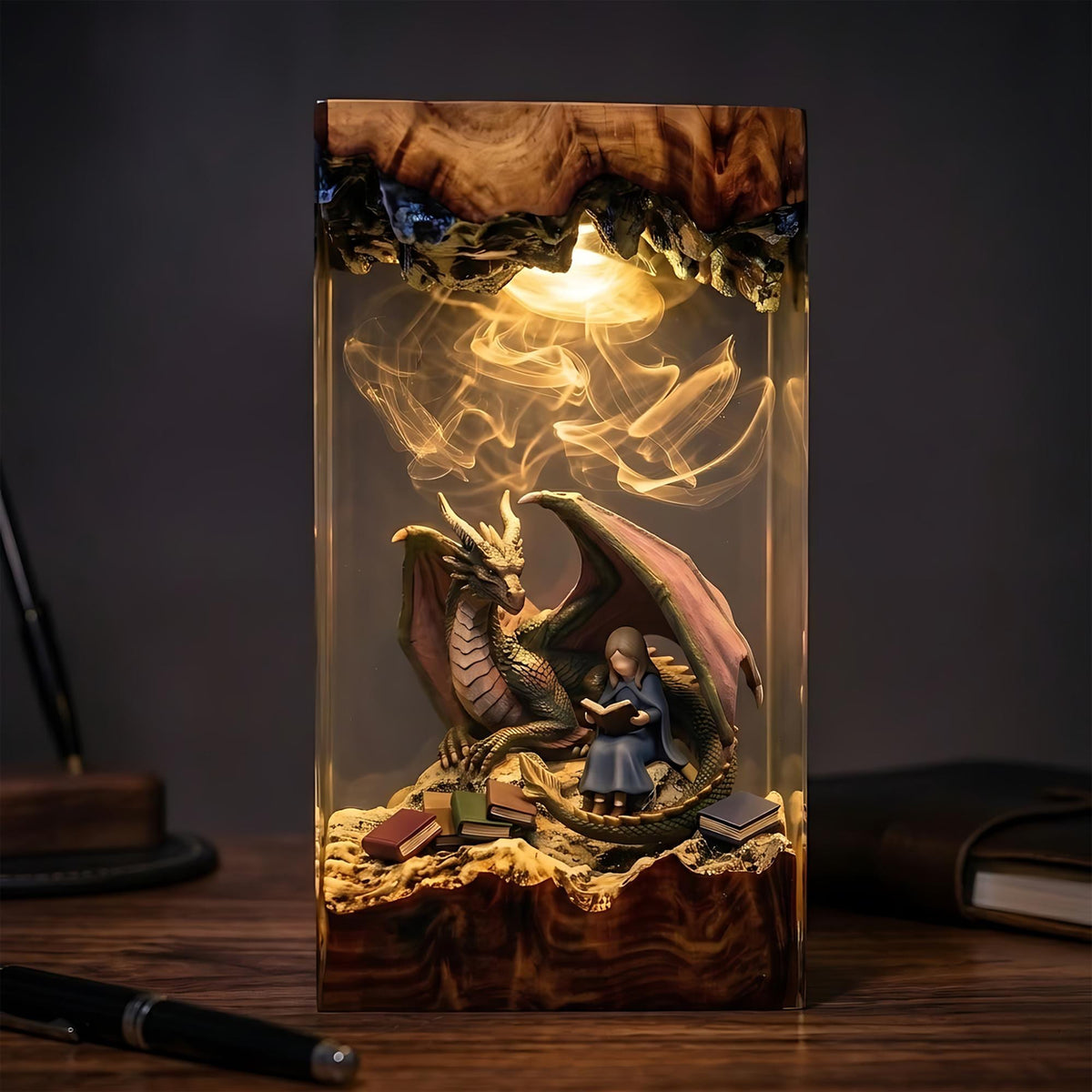 Dragon & Reading Girl Fairytale Epoxy Resin Night Light Lamp