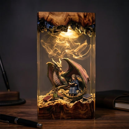 Dragon & Reading Girl Fairytale Epoxy Resin Night Light Lamp