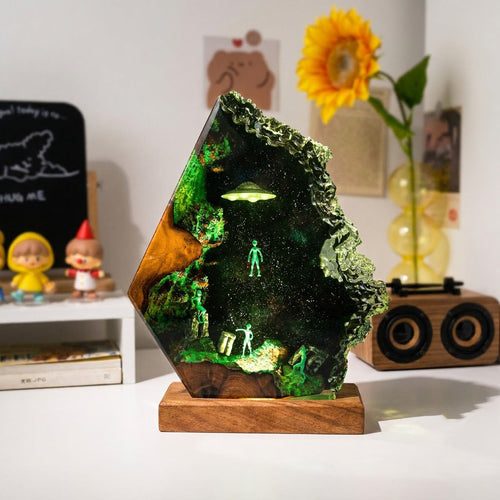 Handmade Sci-Fi Resin Night Light - Green Alien UFO Diorama