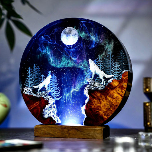 Howling Wolf Full Moon Aurora Epoxy Resin Night Light