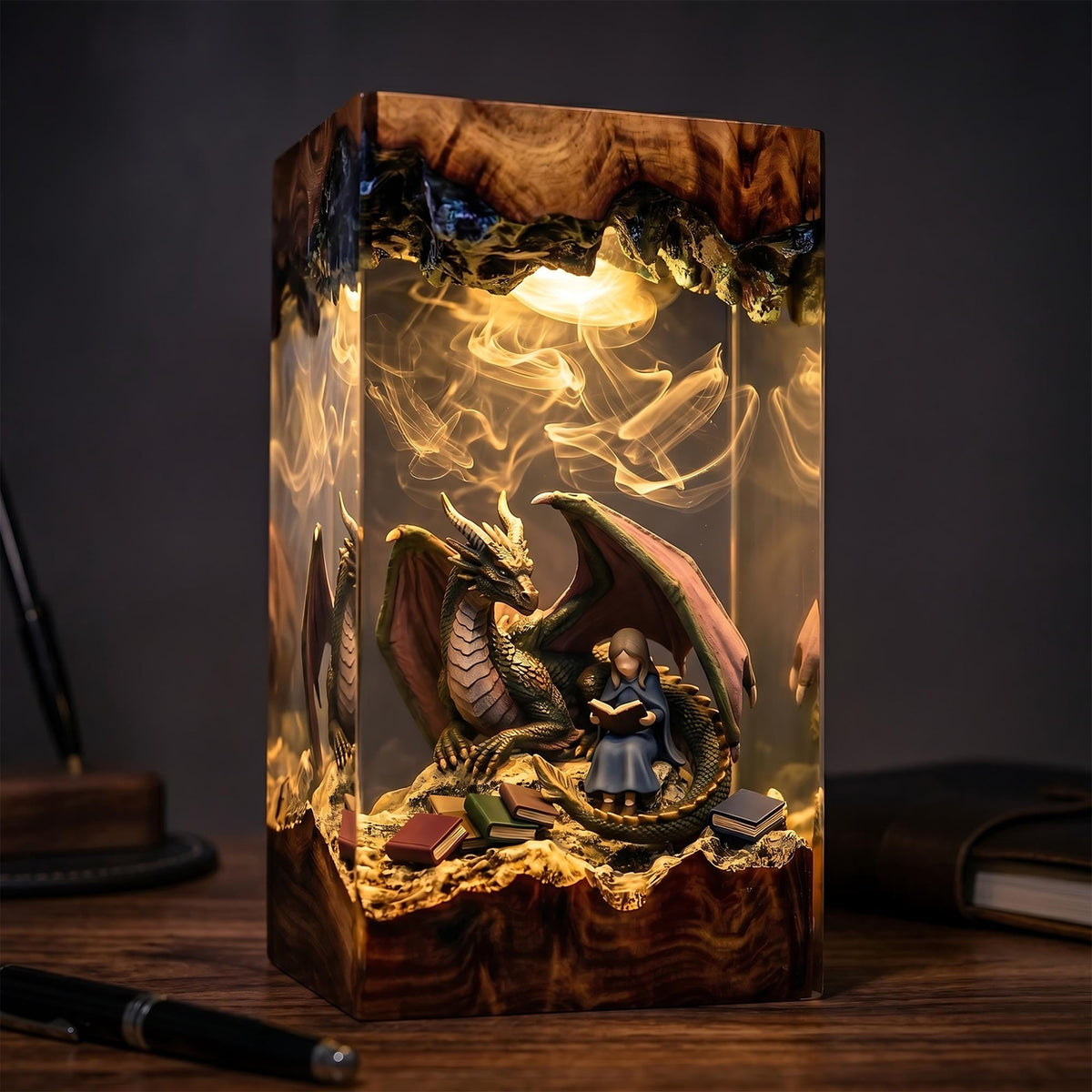 Dragon & Reading Girl Fairytale Epoxy Resin Night Light Lamp