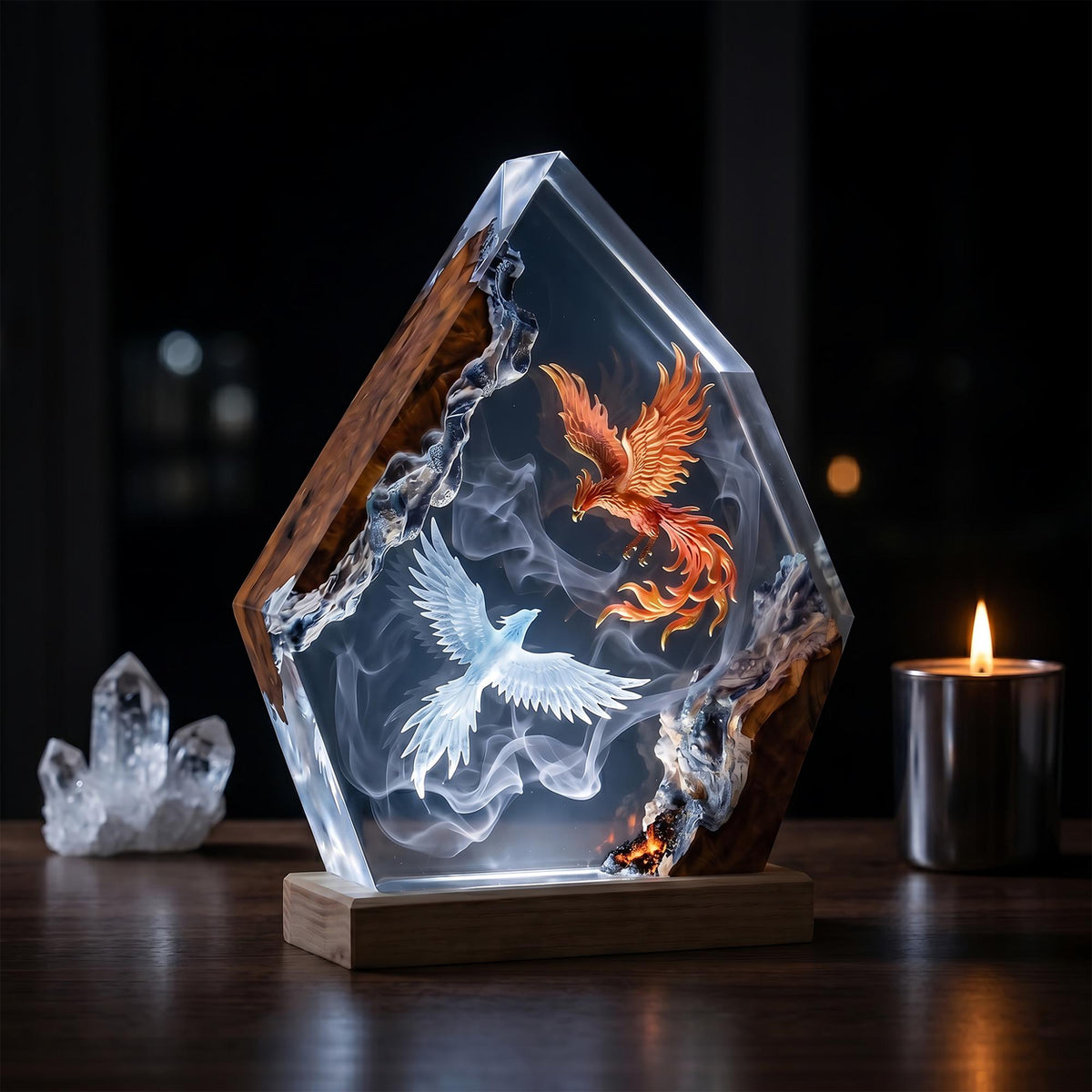 Handmade Dual Phoenix Resin Night Light