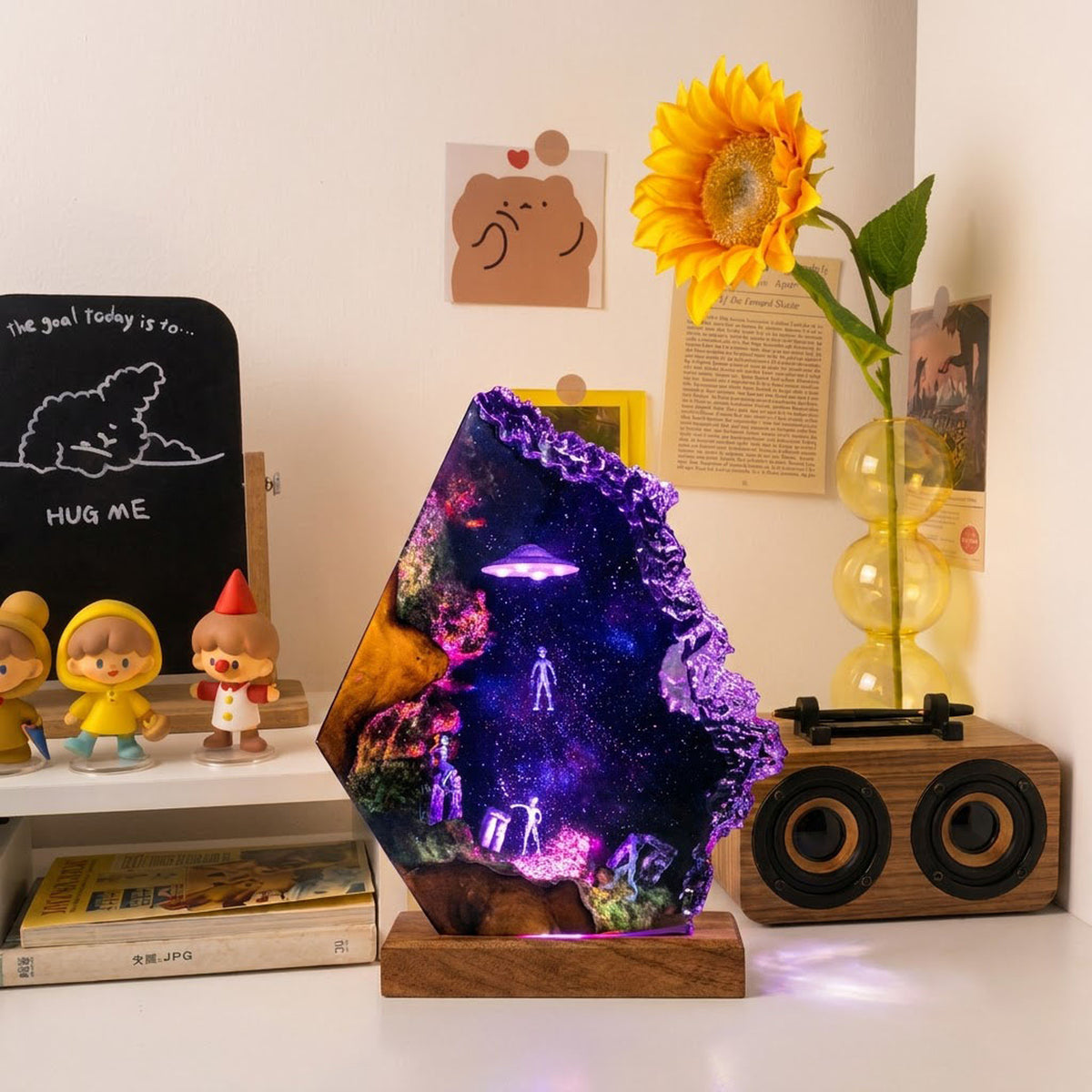 Handmade Sci-Fi Resin Night Light - Green Alien UFO Diorama