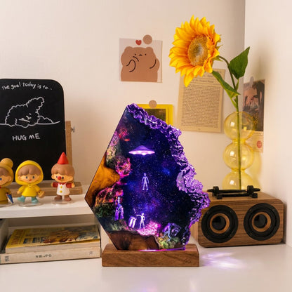 Handmade Sci-Fi Resin Night Light - Green Alien UFO Diorama