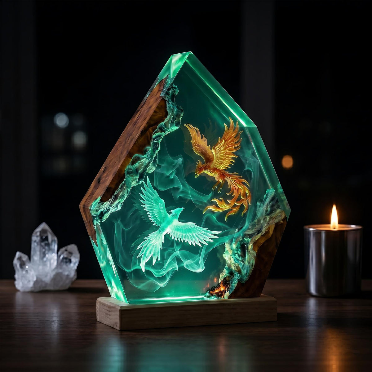 Handmade Dual Phoenix Resin Night Light