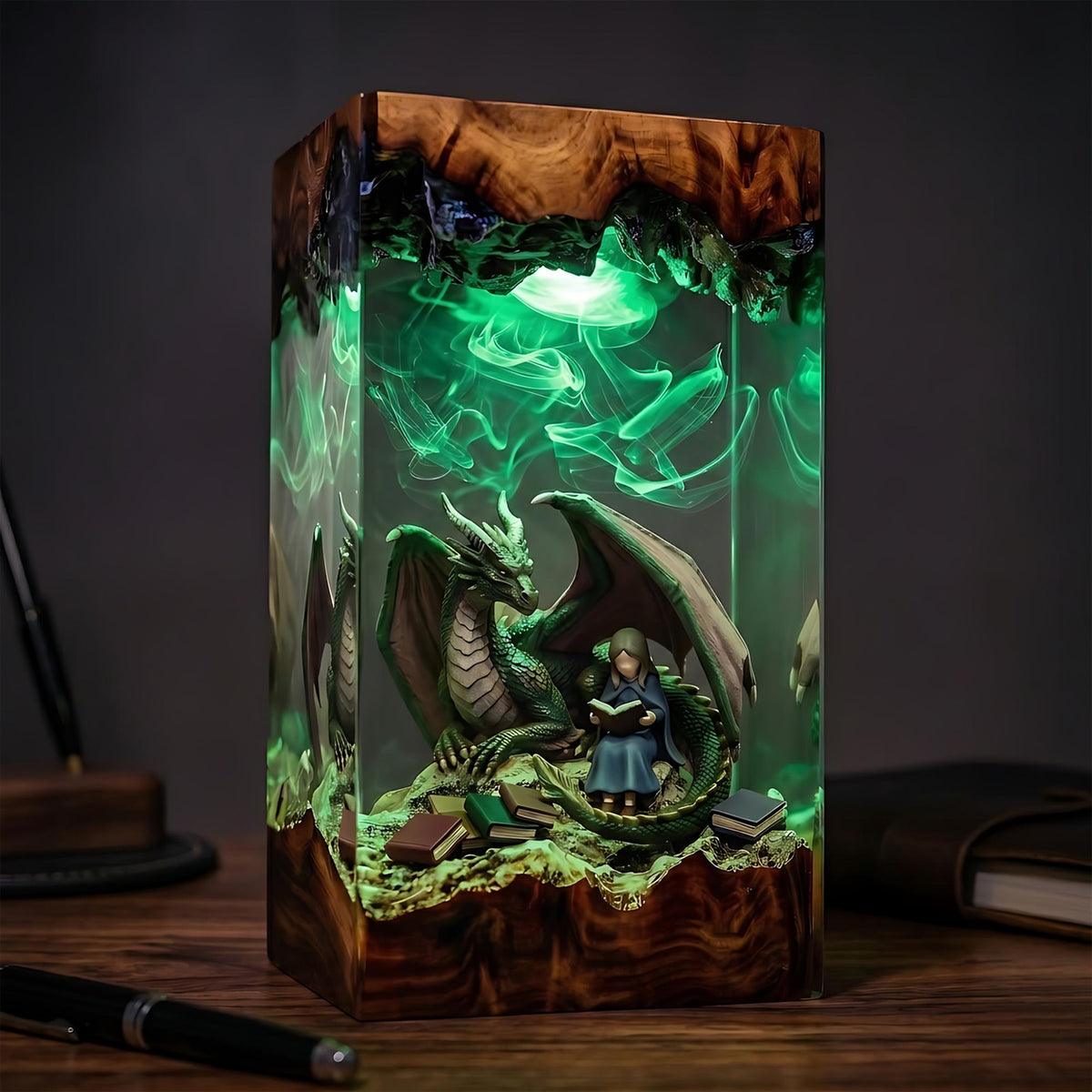 Dragon & Reading Girl Fairytale Epoxy Resin Night Light Lamp