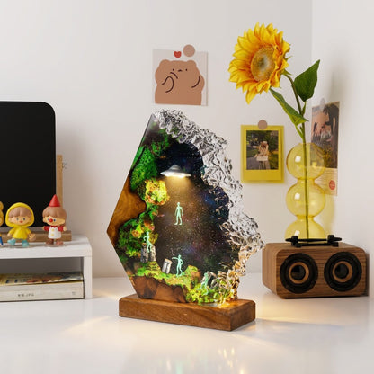 Handmade Sci-Fi Resin Night Light - Green Alien UFO Diorama