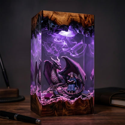 Dragon & Reading Girl Fairytale Epoxy Resin Night Light Lamp