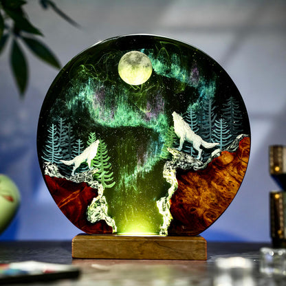 Howling Wolf Full Moon Aurora Epoxy Resin Night Light