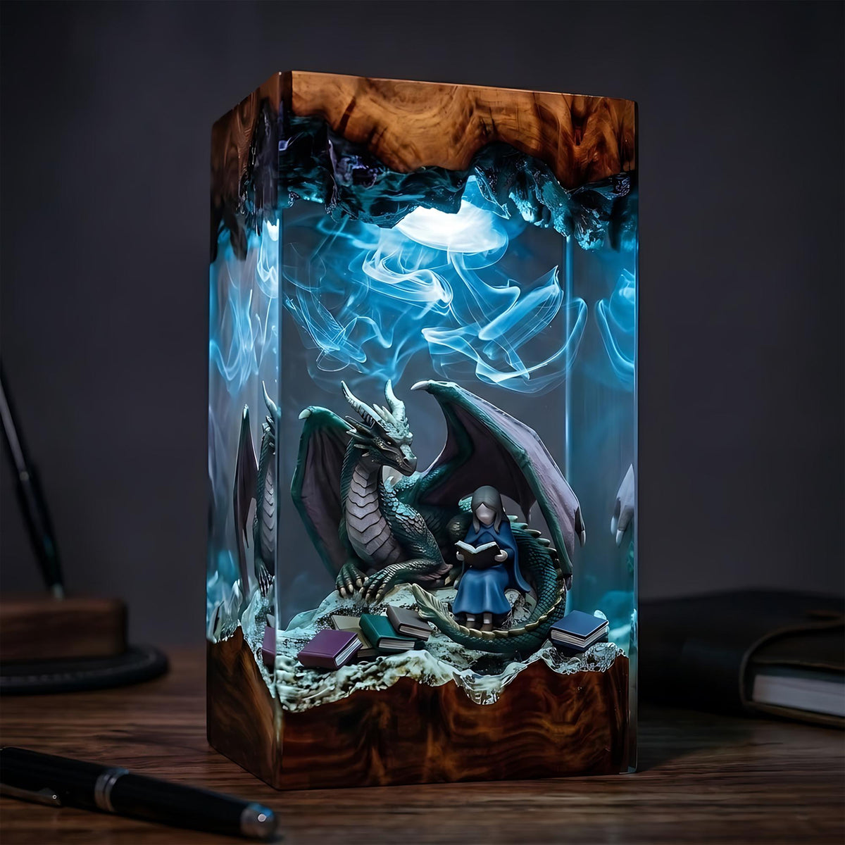 Dragon & Reading Girl Fairytale Epoxy Resin Night Light Lamp