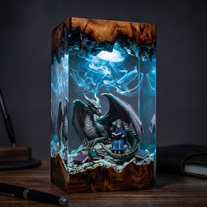 Dragon & Reading Girl Fairytale Epoxy Resin Night Light Lamp
