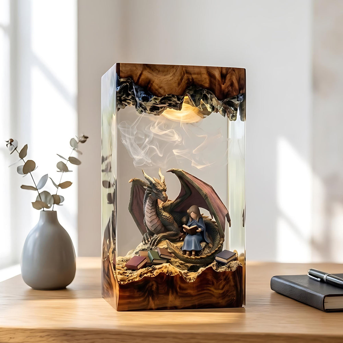 Dragon & Reading Girl Fairytale Epoxy Resin Night Light Lamp