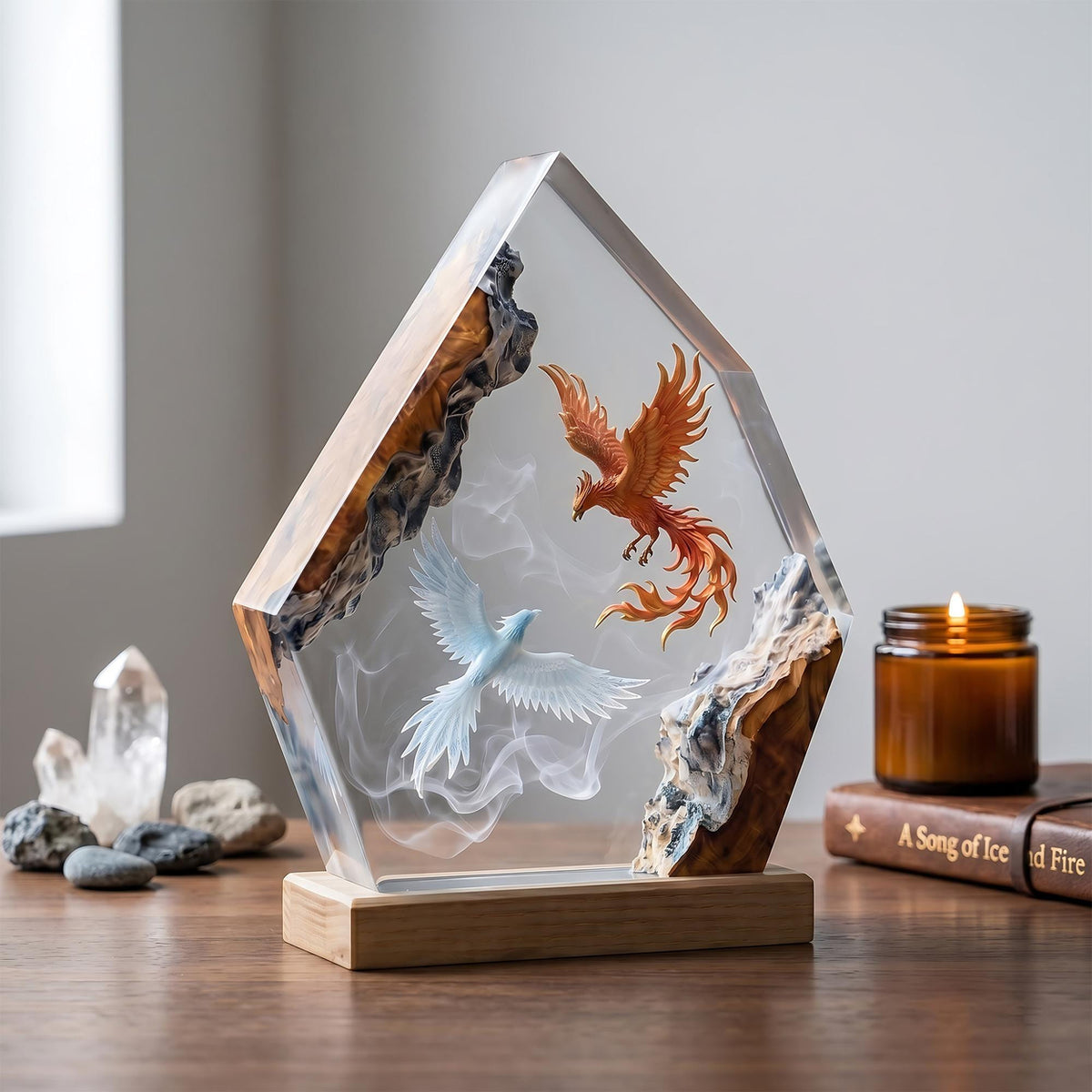 Handmade Dual Phoenix Resin Night Light