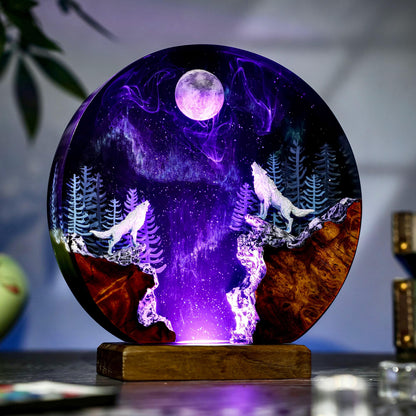 Howling Wolf Full Moon Aurora Epoxy Resin Night Light