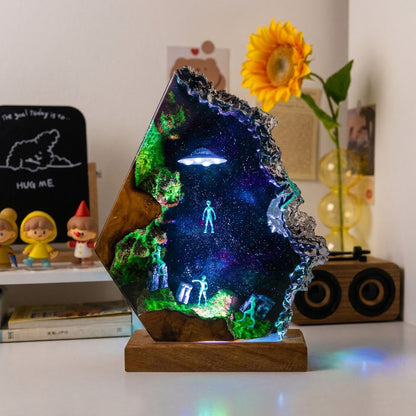 Handmade Sci-Fi Resin Night Light - Green Alien UFO Diorama