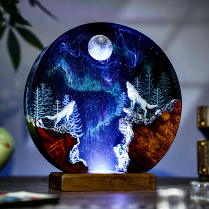 Howling Wolf Full Moon Aurora Epoxy Resin Night Light
