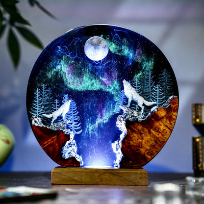 Howling Wolf Full Moon Aurora Epoxy Resin Night Light