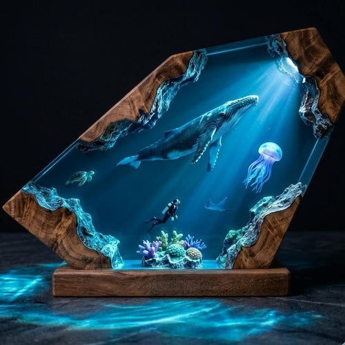 Scuba Diver & Humpback Whale Geometric Epoxy Resin Night Light