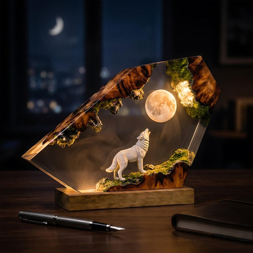 Handmade Wolf Resin Night Light - Glowing Full Moon Diorama