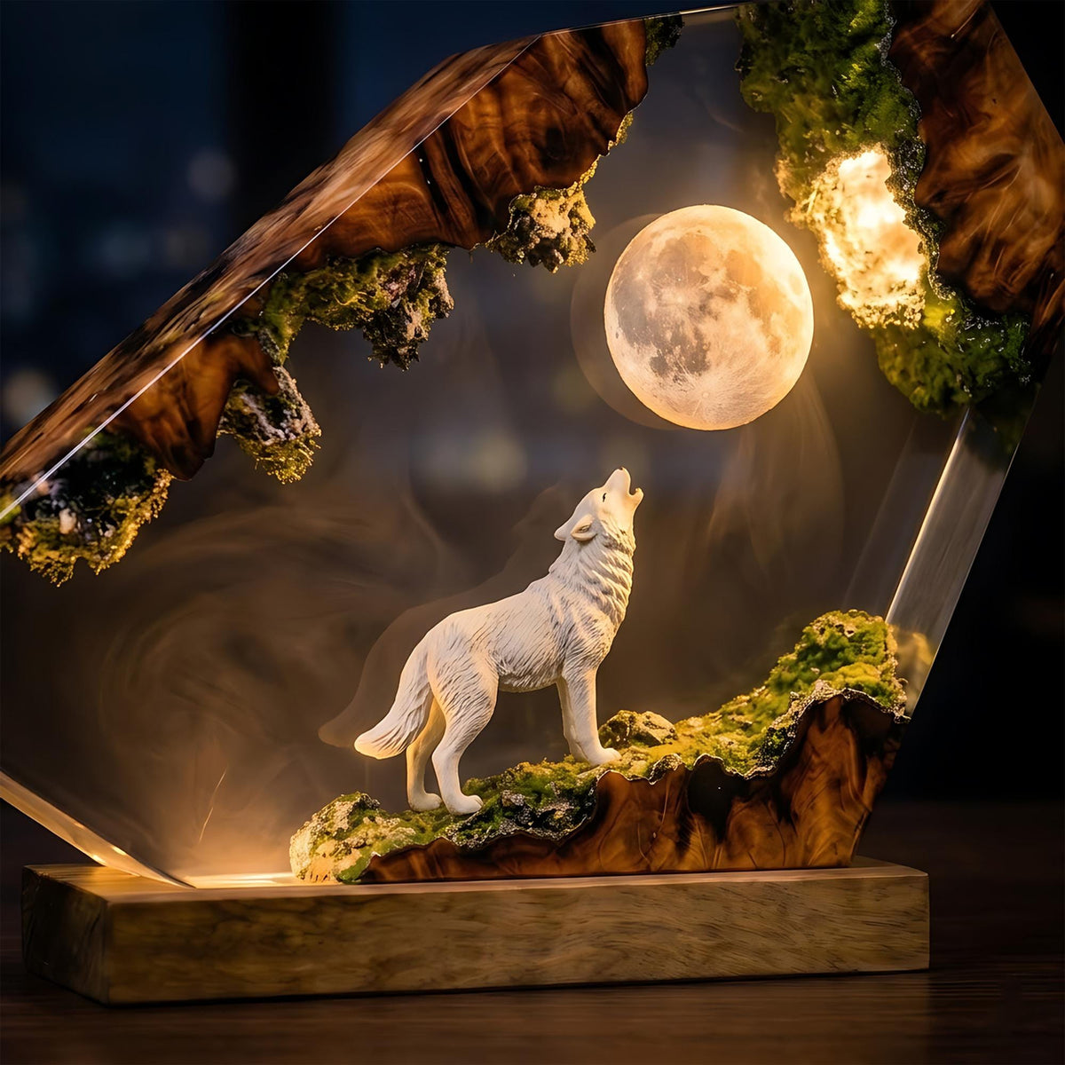 Handmade Wolf Resin Night Light - Glowing Full Moon Diorama