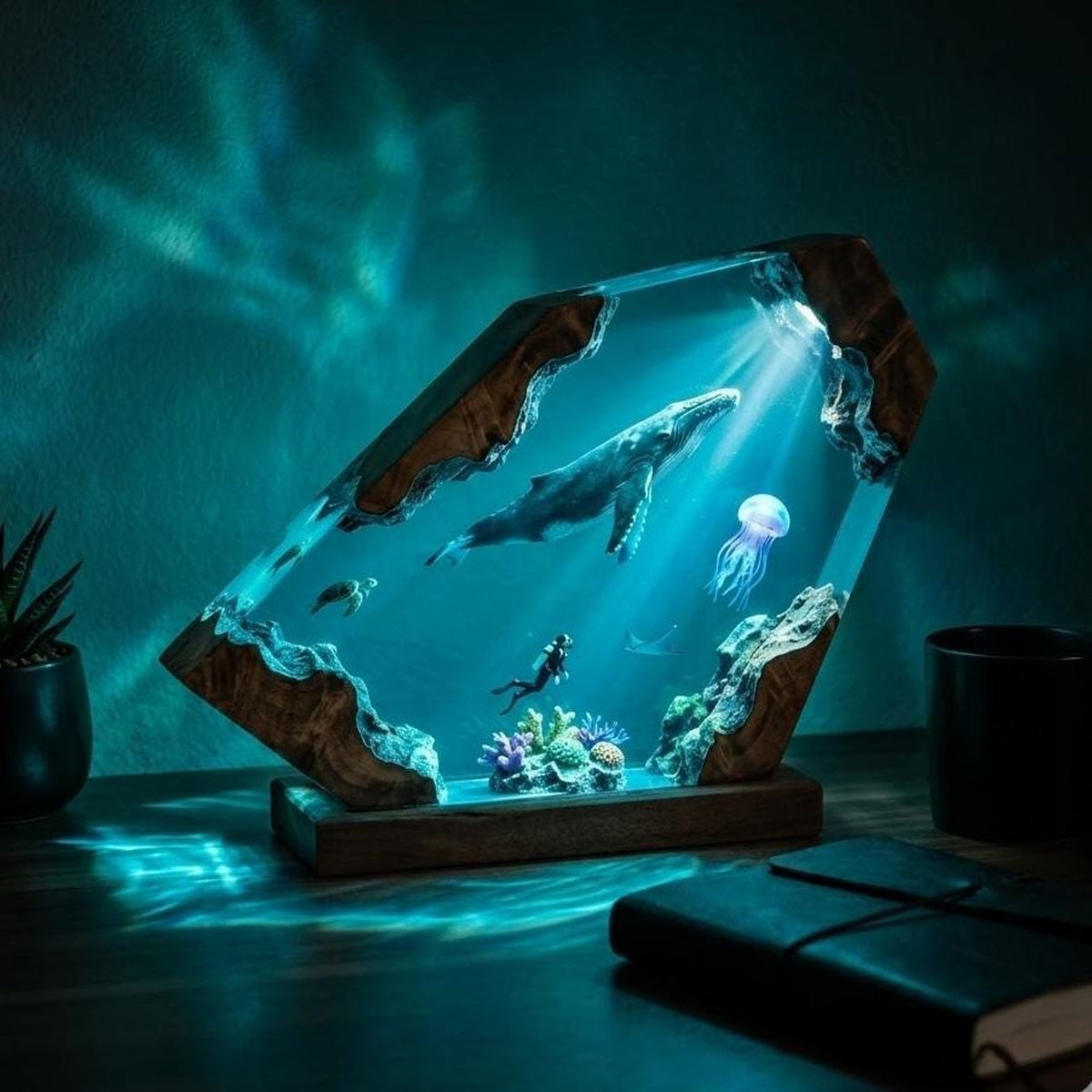 Scuba Diver & Humpback Whale Geometric Epoxy Resin Night Light