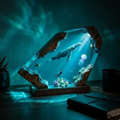 Scuba Diver & Humpback Whale Geometric Epoxy Resin Night Light