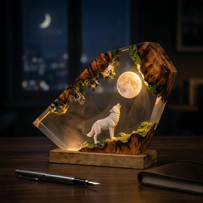 Handmade Wolf Resin Night Light - Glowing Full Moon Diorama