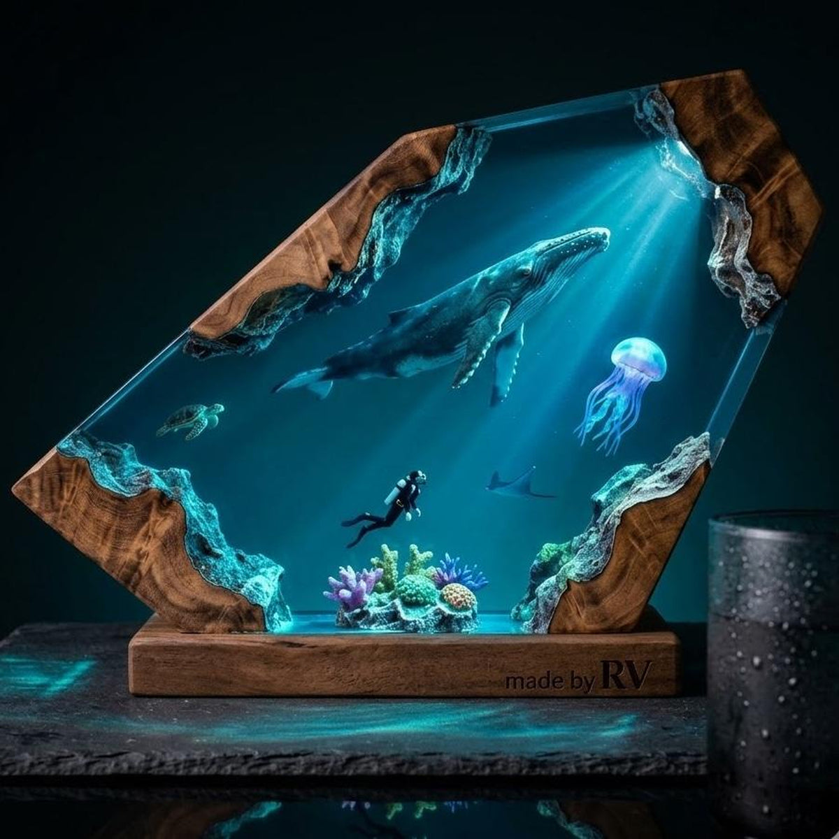 Scuba Diver & Humpback Whale Geometric Epoxy Resin Night Light
