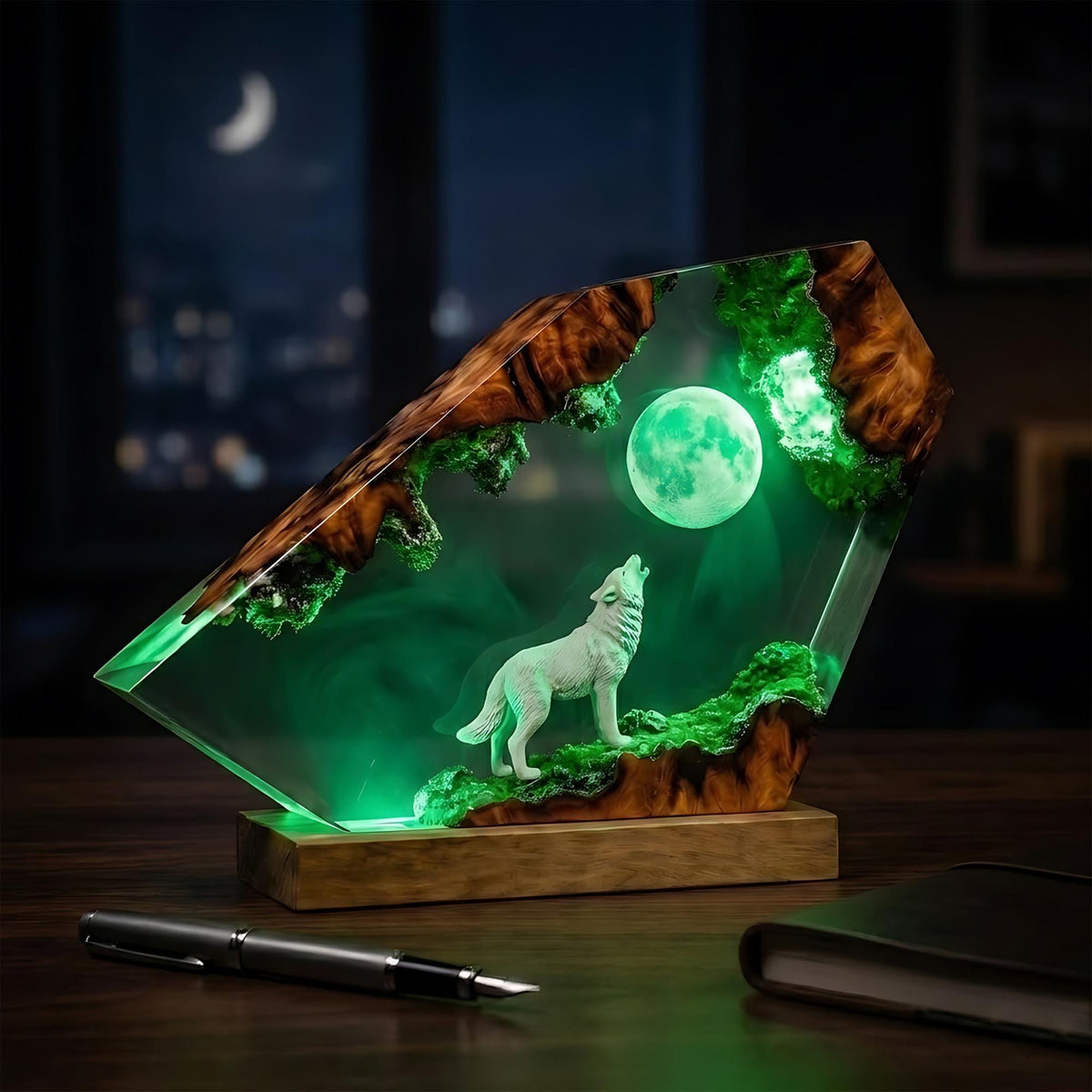 Handmade Wolf Resin Night Light - Glowing Full Moon Diorama