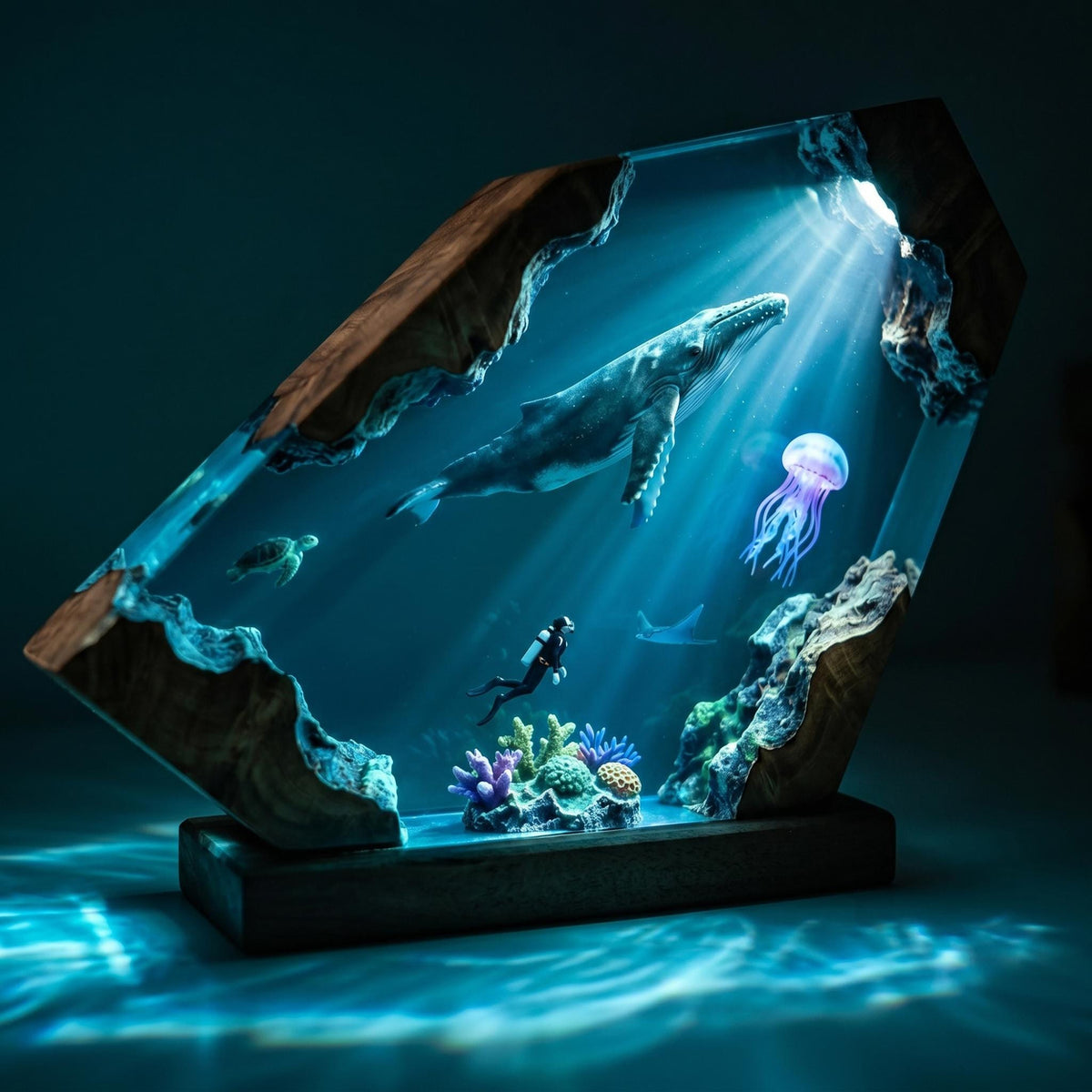 Scuba Diver & Humpback Whale Geometric Epoxy Resin Night Light