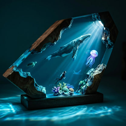 Scuba Diver & Humpback Whale Geometric Epoxy Resin Night Light