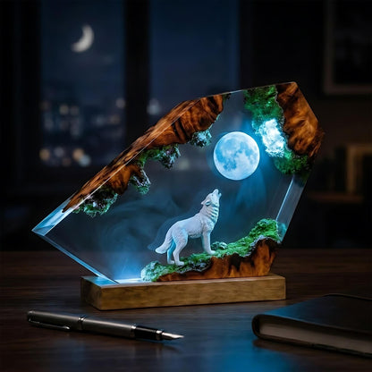 Handmade Wolf Resin Night Light - Glowing Full Moon Diorama