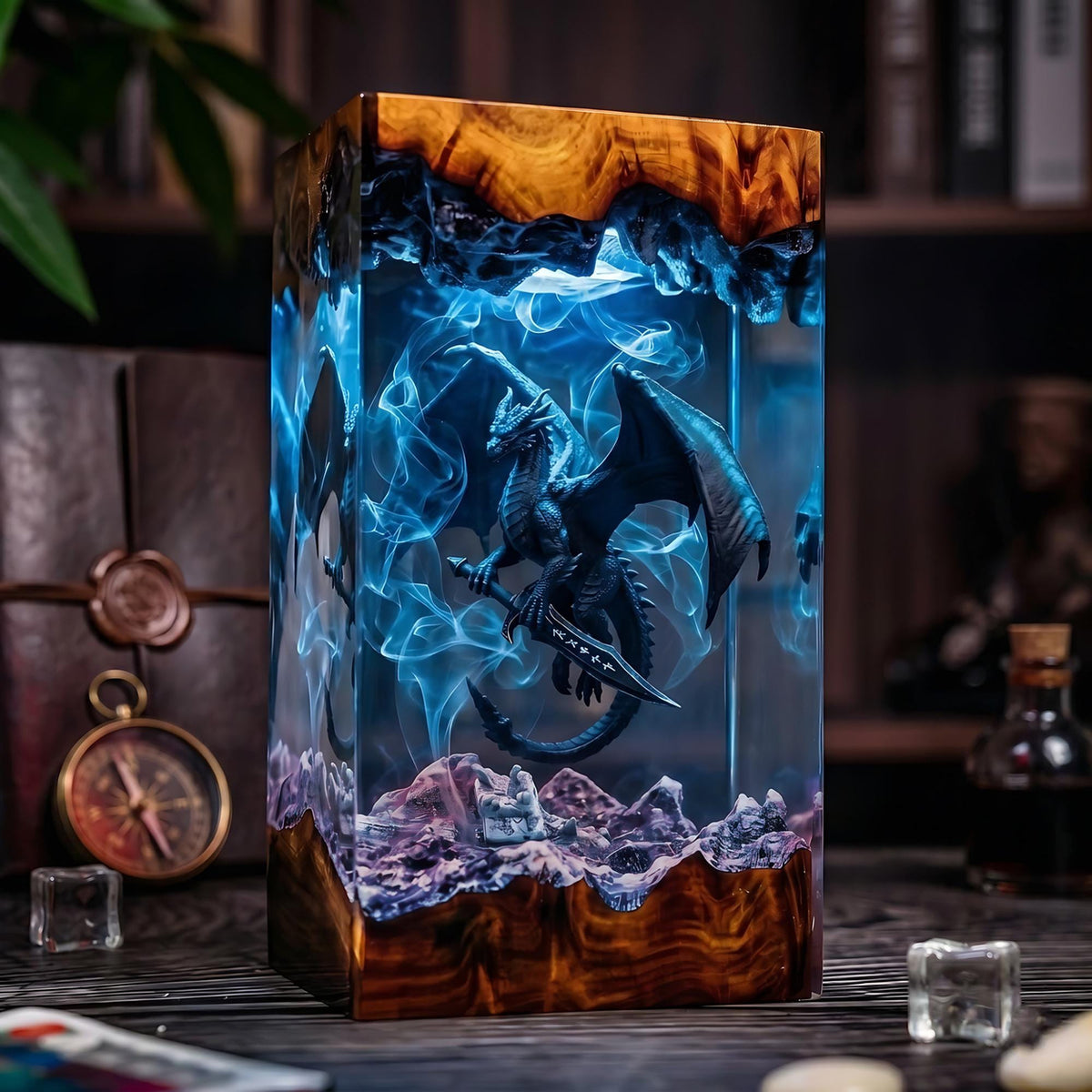 Black Dragon & Sword Mythical Epoxy Resin Night Light Lamp