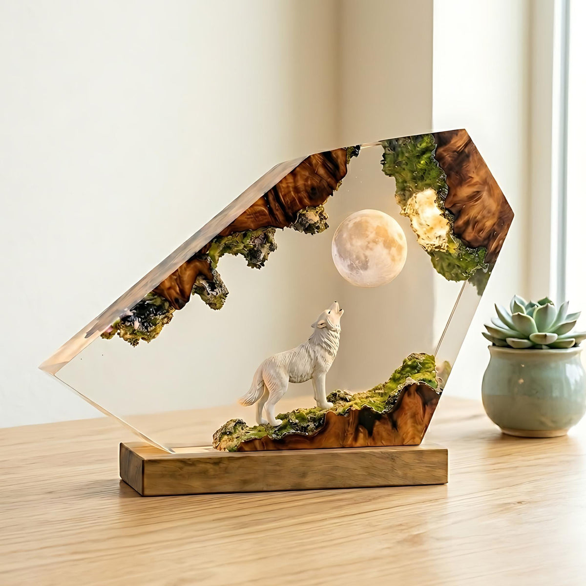 Handmade Wolf Resin Night Light - Glowing Full Moon Diorama