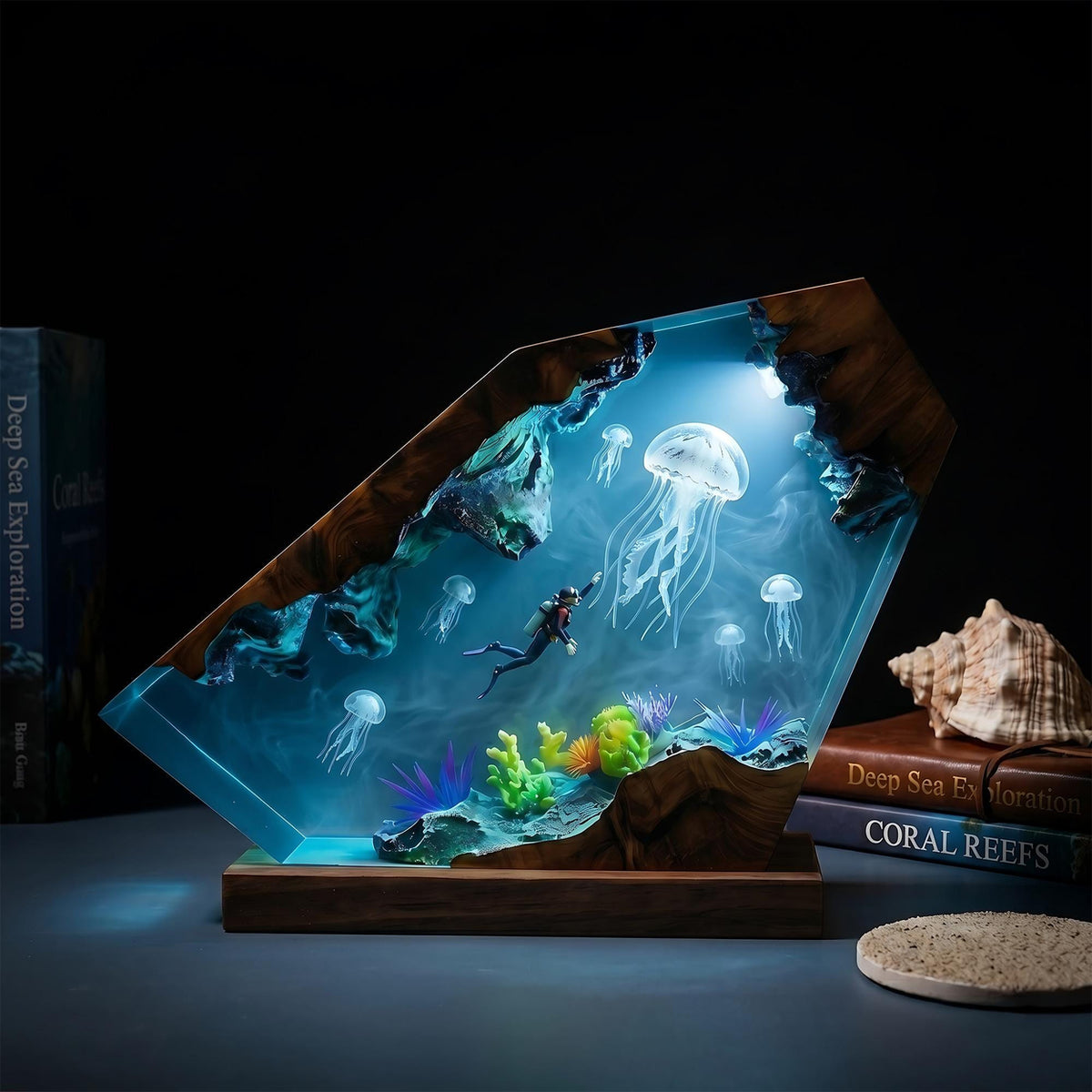 Scuba Diver & Giant Jellyfish Geometric Epoxy Resin Night Light