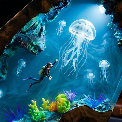 Scuba Diver & Giant Jellyfish Geometric Epoxy Resin Night Light
