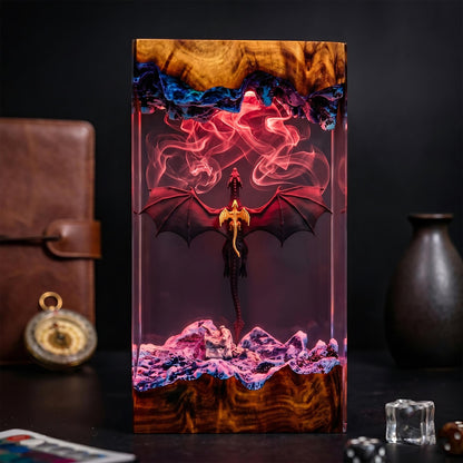Epic Winged Black Dragon Resin Wood Lamp - Unique Fantasy Gift