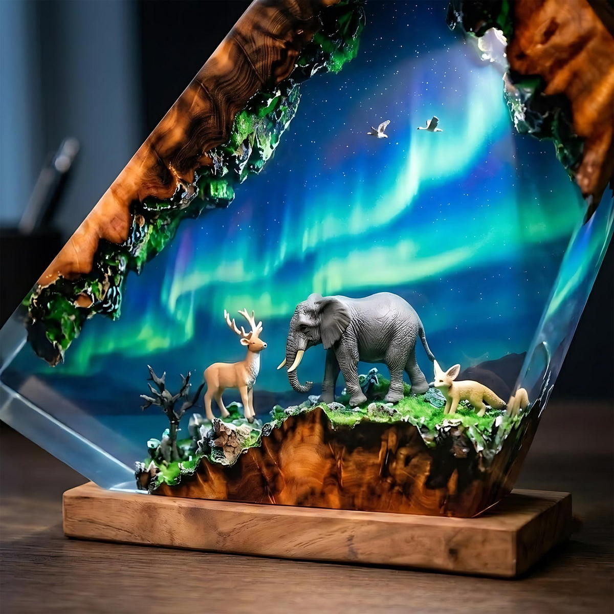 Elephant & Deer Aurora Northern Lights Epoxy Resin Night Light