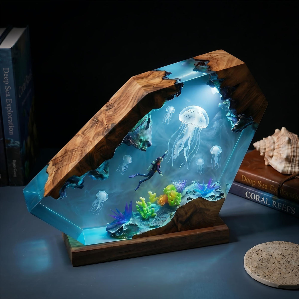 Scuba Diver & Giant Jellyfish Geometric Epoxy Resin Night Light