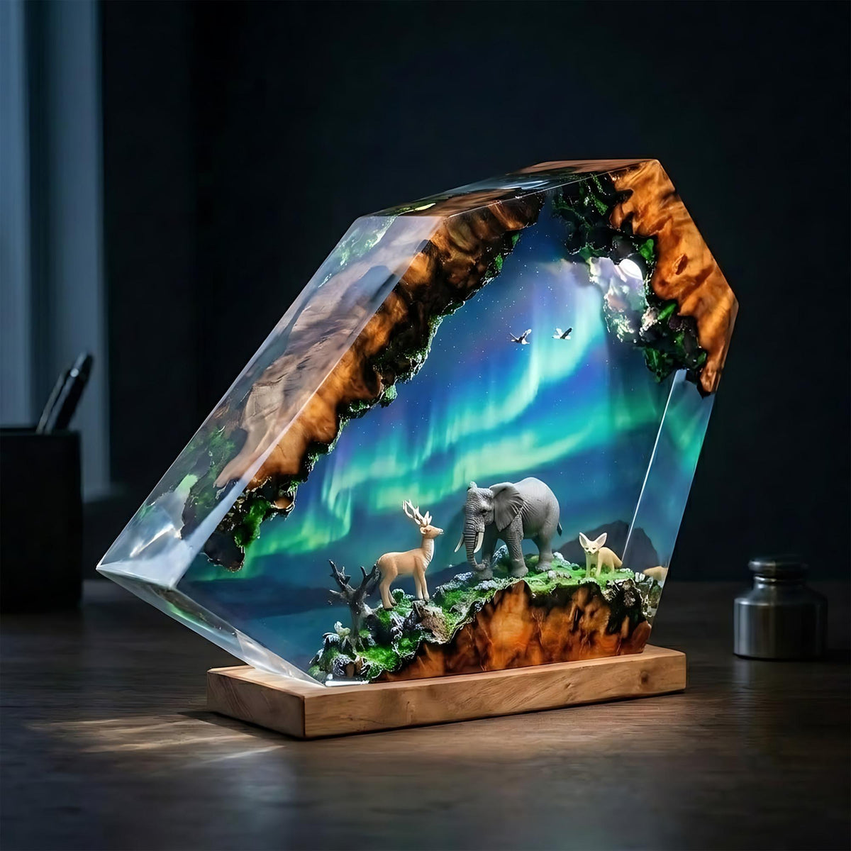 Elephant & Deer Aurora Northern Lights Epoxy Resin Night Light