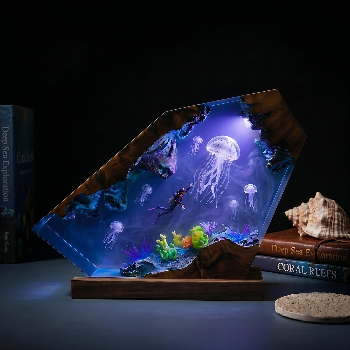 Scuba Diver & Giant Jellyfish Geometric Epoxy Resin Night Light