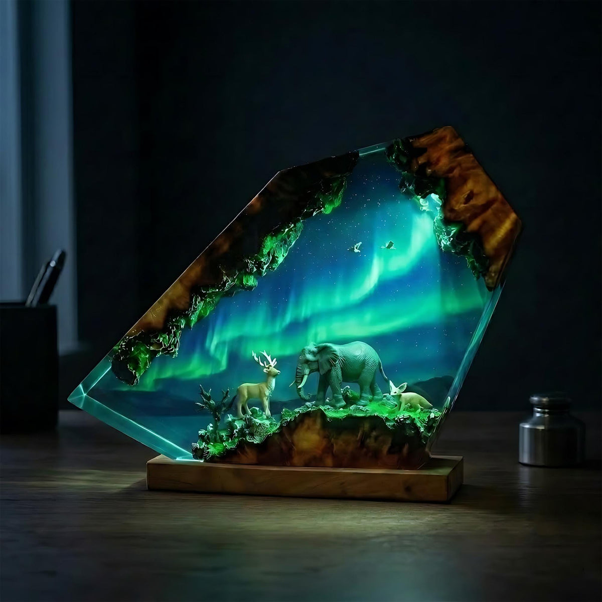 Elephant & Deer Aurora Northern Lights Epoxy Resin Night Light