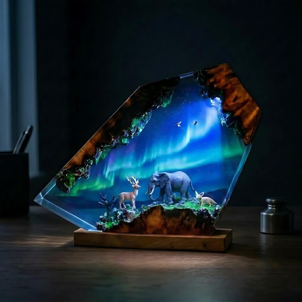 Elephant & Deer Aurora Northern Lights Epoxy Resin Night Light